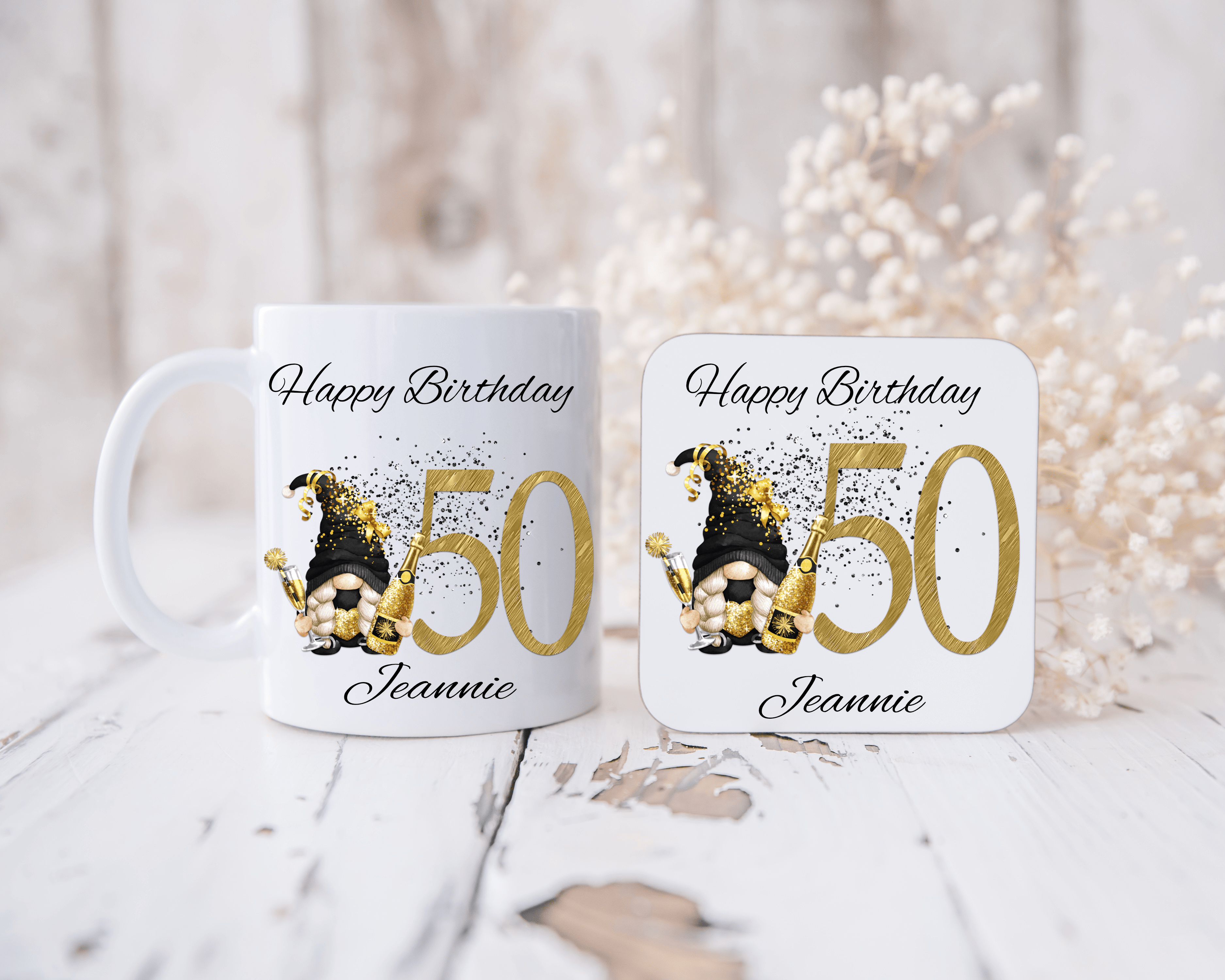 Personalised Gnome 50th Birthday Mug and Coaster Set