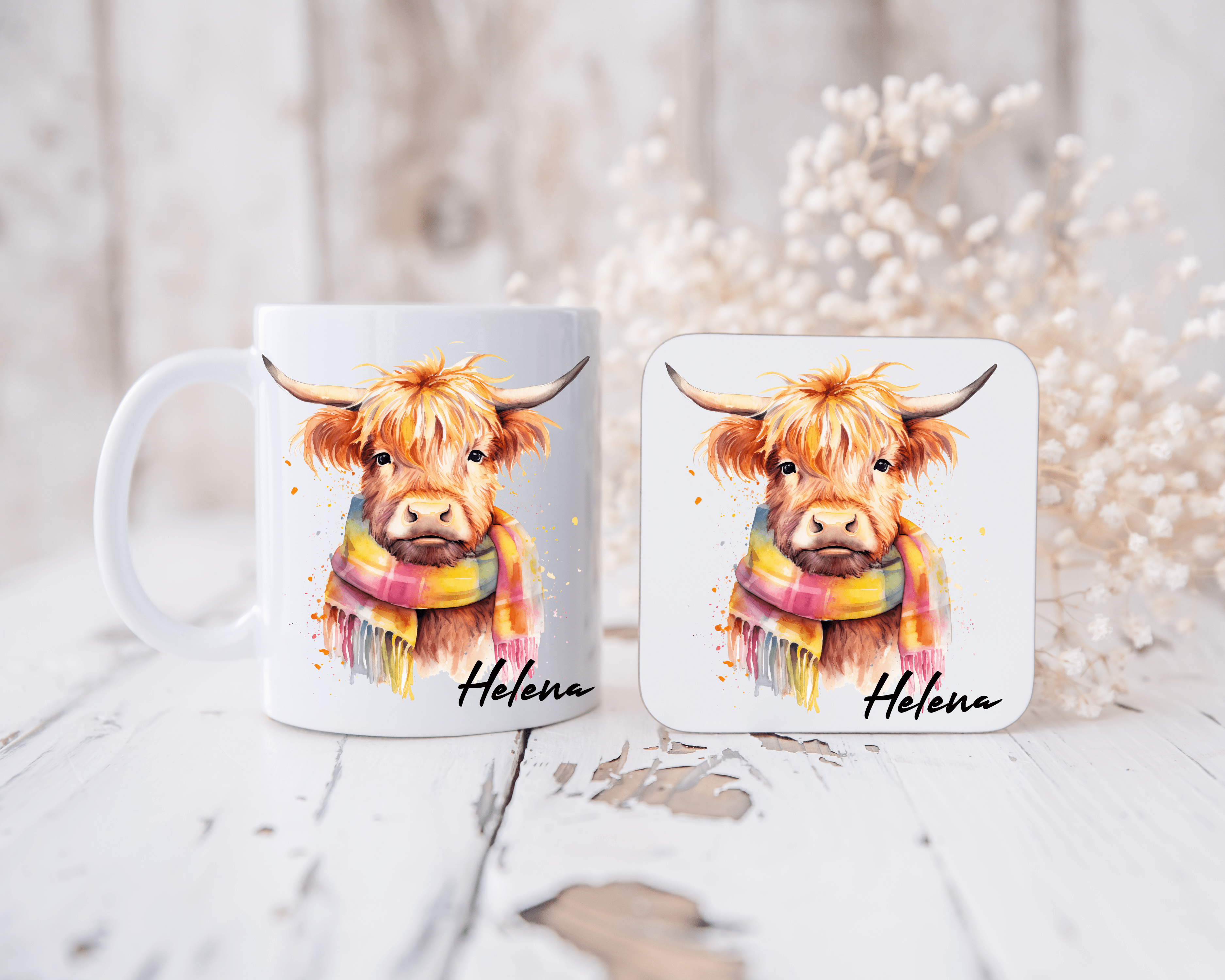 Personalised Highland Cow Mug & Coaster Set