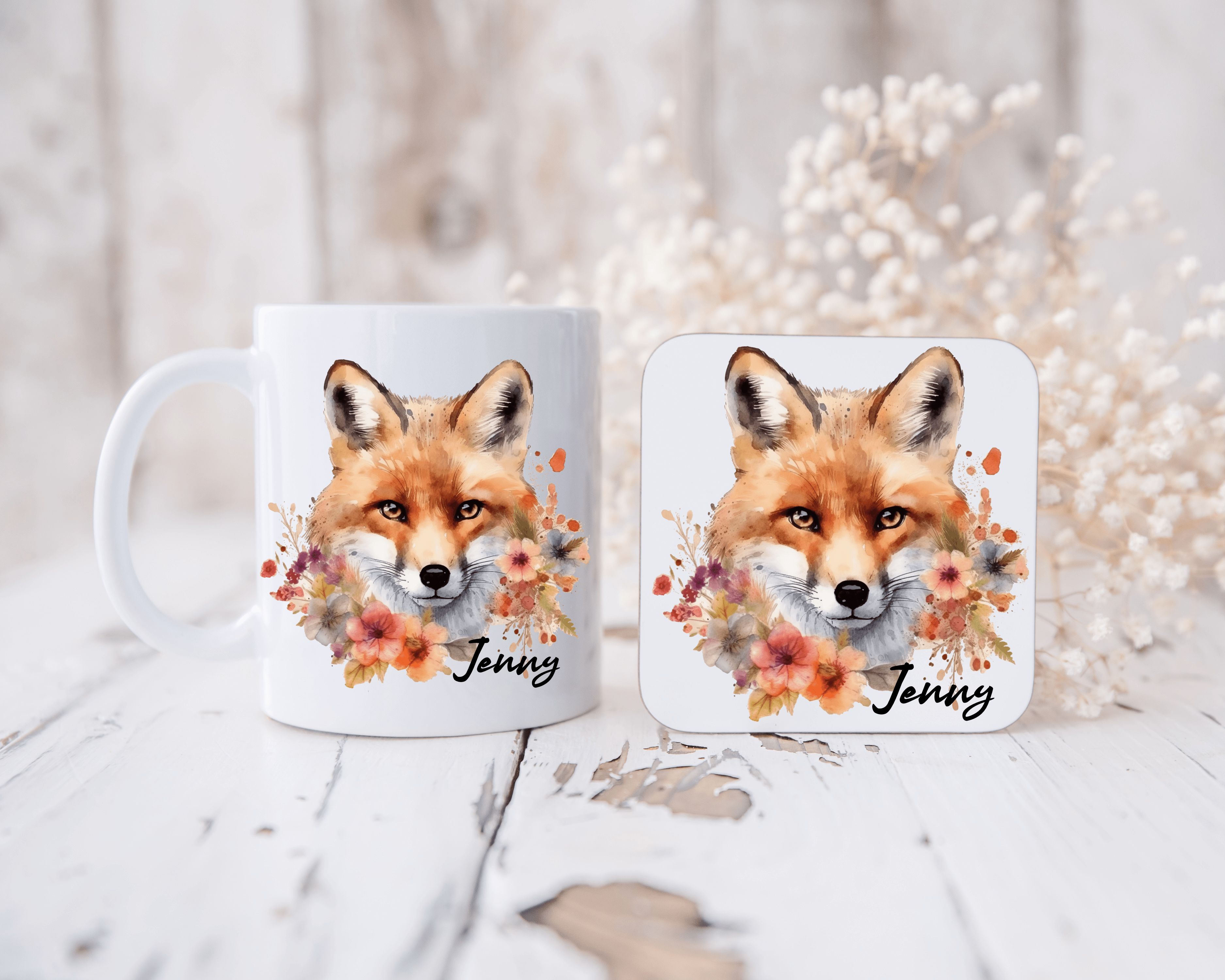 personalised fox mug and coaster set